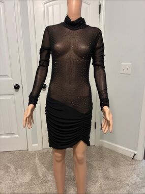 AFRM Black Sheer Rhinestone Long-Sleeve Bodycon Dress by AFRM.